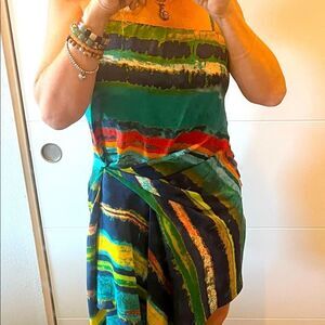 Rachel Roy multicolor abstract print blues greens yellows dress